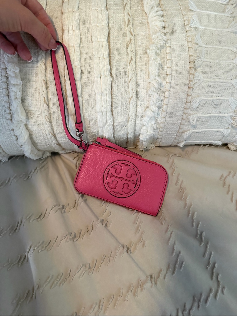 Tory Burch Hot Pink Pebbled Leather Wristlet with Logo